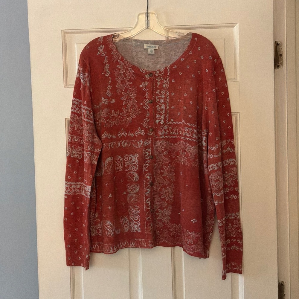 Sundance Red Bandana Paisley Floral Wool Blend Cardigan Sweater XXL 2XL Boho